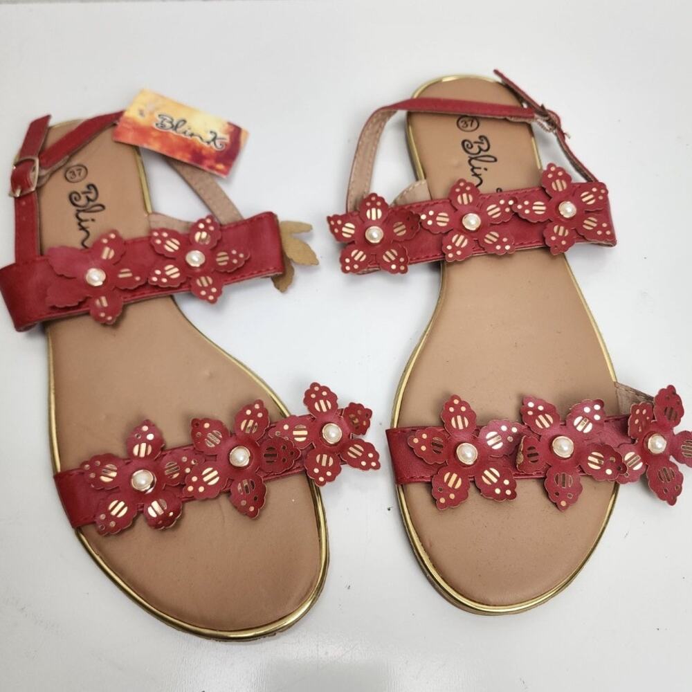 Blink Red Flowered Open-Toe Gold & Pearl Accent Sandals Women's Size 6.5 NWT